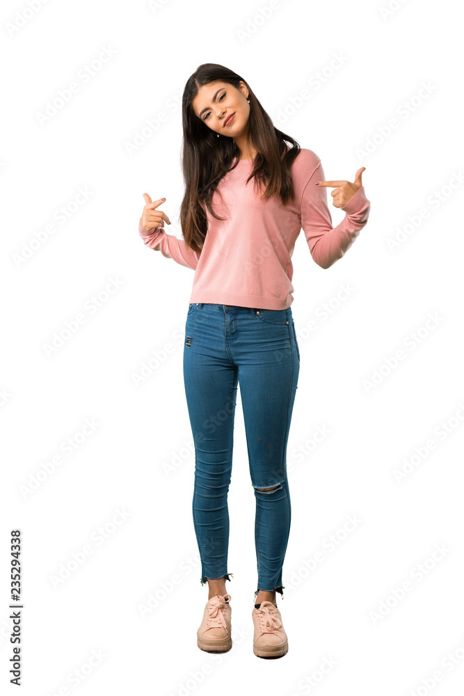 A full-length shot of a Teenager girl with pink shirt proud and self-satisfied in love yourself concept A full-length shot of a Teenager girl with pink shirt proud and self-satisfied in love yourself concept
