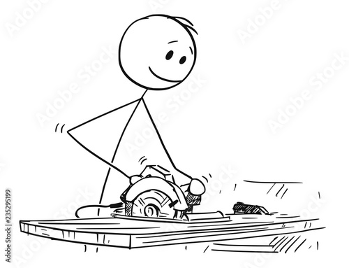 Cartoon stick drawing conceptual illustration of joiner or carpenter cutting wood portable circular saw.