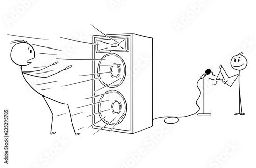 Cartoon stick drawing conceptual illustration of man blow away by loud and powerful sound from amplifier created by small boy or child playing on triangle. Metaphore