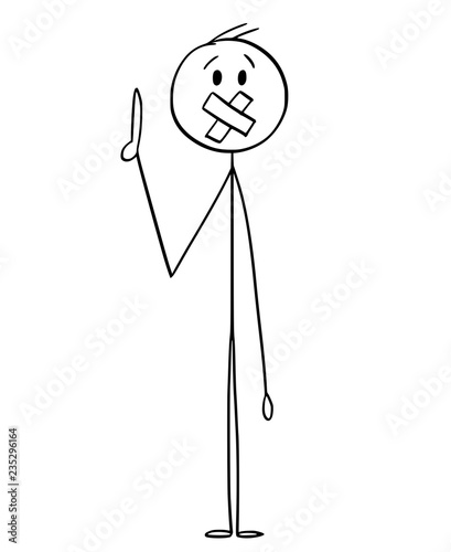 Cartoon stick drawing conceptual illustration of man or businessman who is speaking too much and his mouth is taped over by tape. Metaphor of censorship or censoring.