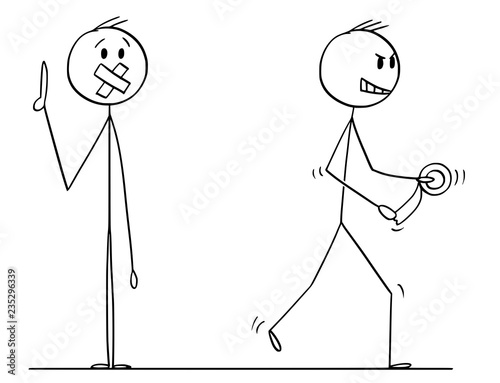 Cartoon stick drawing conceptual illustration of man or businessman who is speaking too much and his mouth is taped over by tape by another man. Metaphor of censorship or censoring.