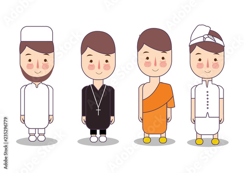 Set of religion people. Different characters collection buddhist monk, christian priests, muslim, hindu leader. Concept of pluralism interfaith diversity. photo