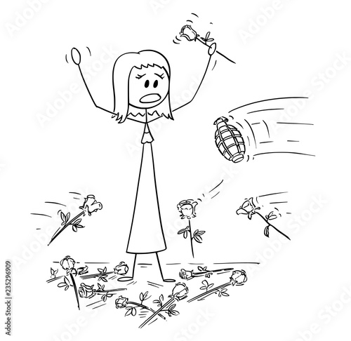 Cartoon stick drawing conceptual illustration of woman on stage to who was given standing ovation and flowers are thrown from audience. Hand grenade is thrown instead of one rose. Metaphor of envy and