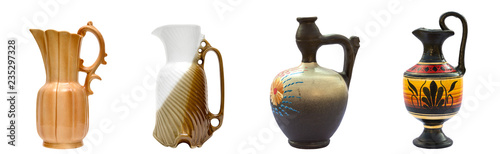 set of retro ceramic jugs isolated on a white background 