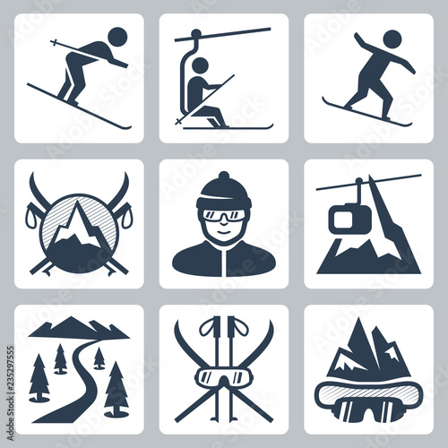 Vector ski and snowboard resort icon set