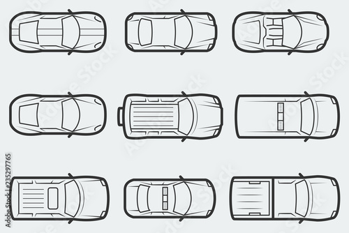 Vector cars in outline style, tom view