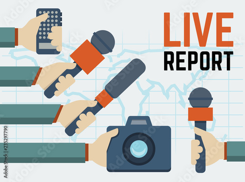 Vector live report, live news concept, hands of journalists with microphones, tape recorder and photo camera