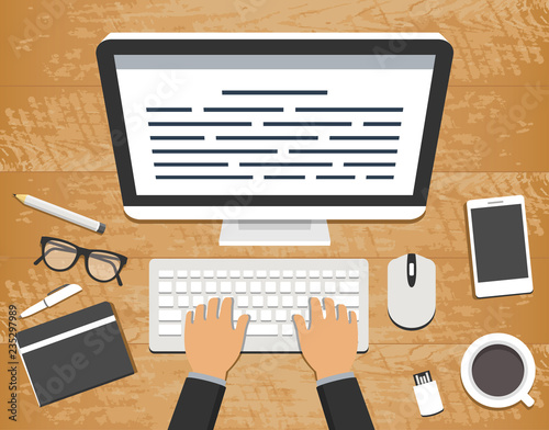 Flat design vector illustration of workplace. Top view of wooden  desk with  a computer and typing hands over a keyboard and office objects around