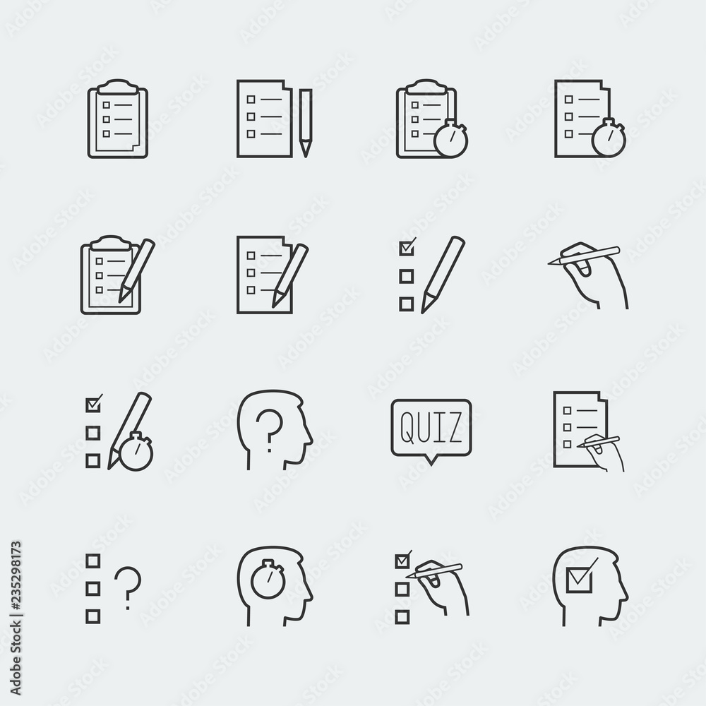 Quiz related vector icon set in outline style