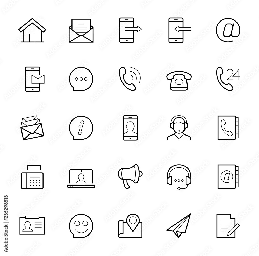 Contact us vector icon set in thin line style on white background Contact us vector icon set in thin line style on white background