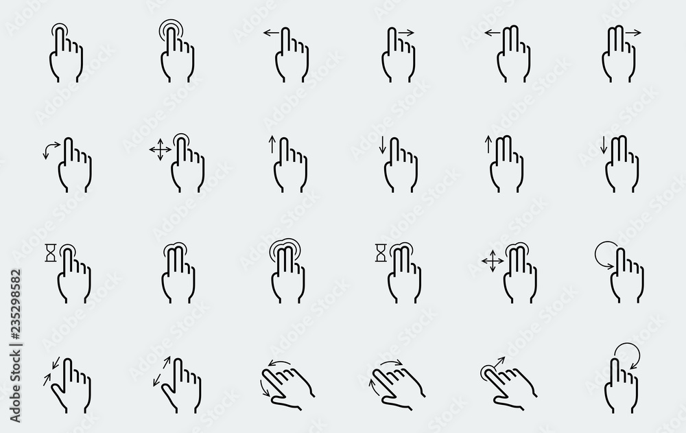 Vector touch screen gestures icons in thin line style - obrazy, fototapety, plakaty 