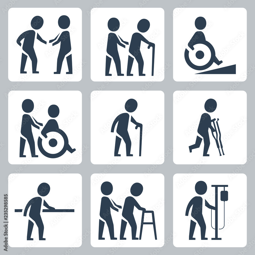Medical care, elder and disabled people vector icon set Medical care, elder and disabled people vector icon set