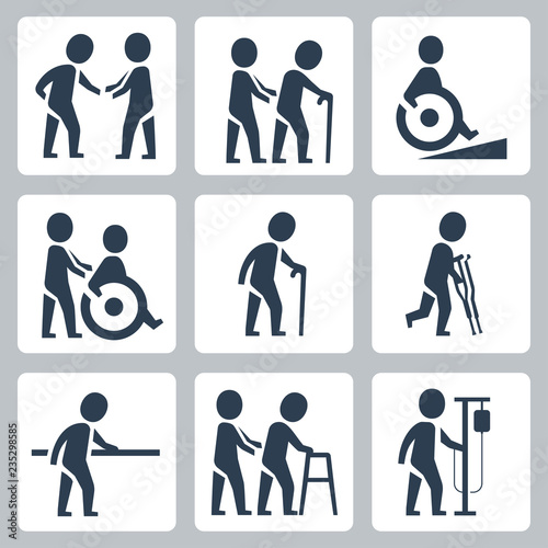 Medical care, elder and disabled people vector icon set
