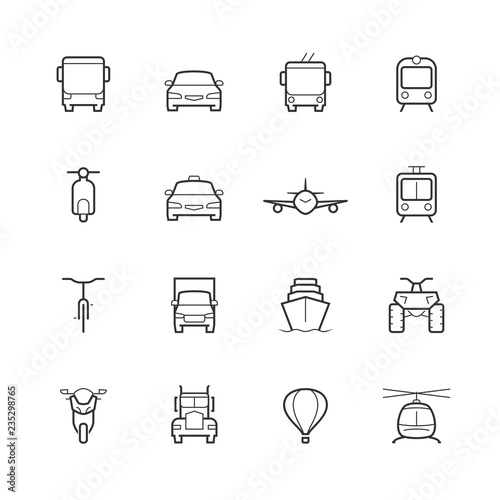 Transportation icons in thin line style, front view