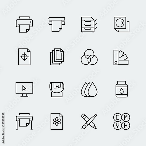 Printing vector icon set in thin line style