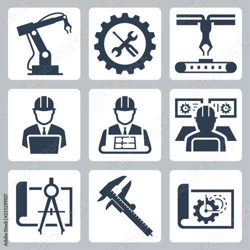 Engineering and manufacturing vector icon set