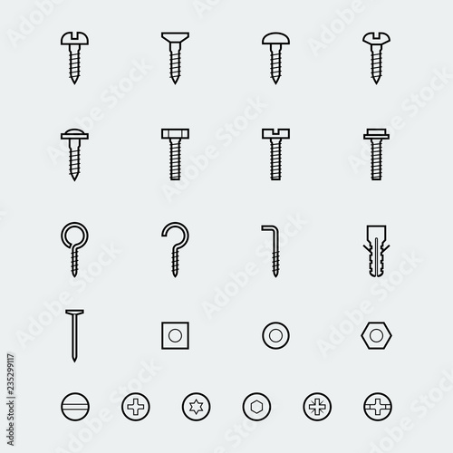 Screws, bolts and nuts icon set in linear style