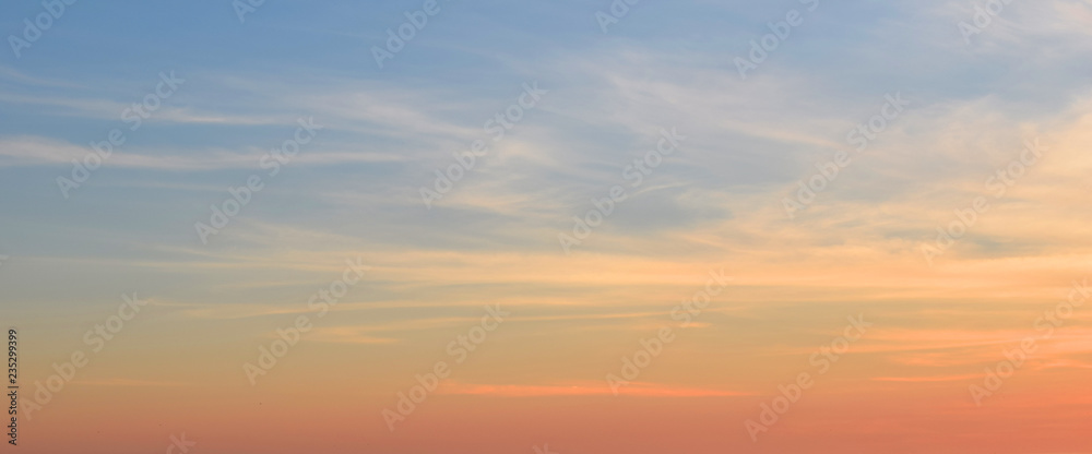 Sunset and sunrise sky. Bright orange and blue color. Early morning background.