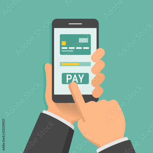 Hand holding phone with app for mobile paying, flat design illustration