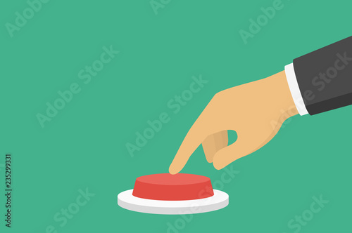 Hand pressing red button, side view, flat style