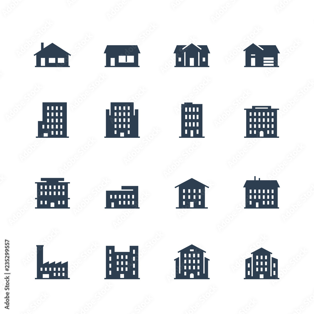 Apartment buildings and houses icon set