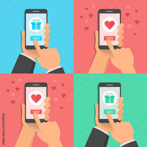 Hands holding smatphone with gifts or valentines, flat design style illustration