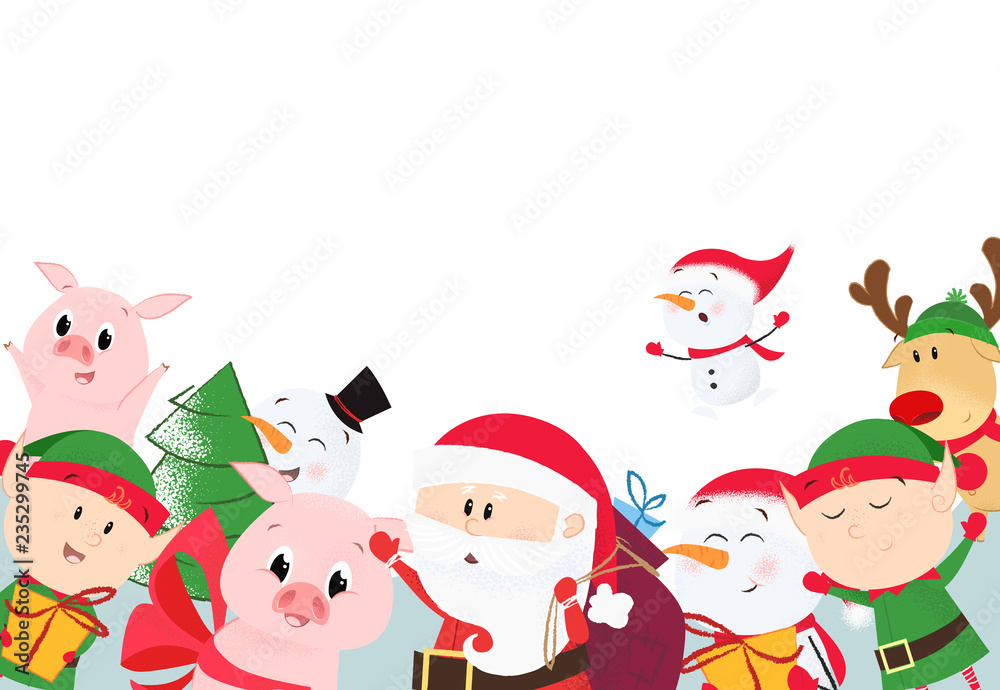Christmas cartoon characters postcard design. Santa Claus, elf, piglet, deer and snowman on white background. Can be used for postcards, invitations, greeting cards