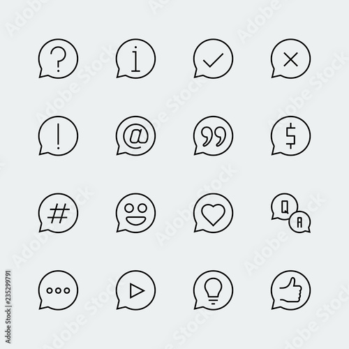 Symbols in speech bubbles vector icon set in thin line style