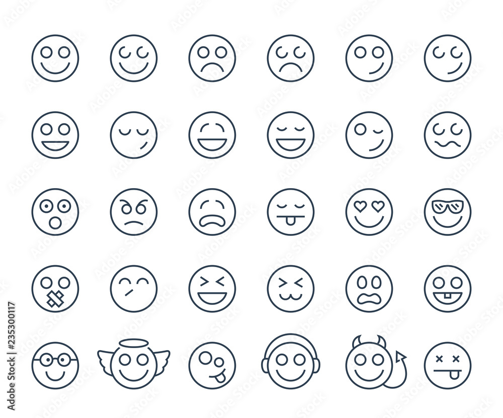 Set of thin line smile emoticons or smileys on a white background. Icon collection Set of thin line smile emoticons or smileys on a white background. Icon collection