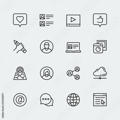 Social media, communication and personal profile vector icon set in thin line style