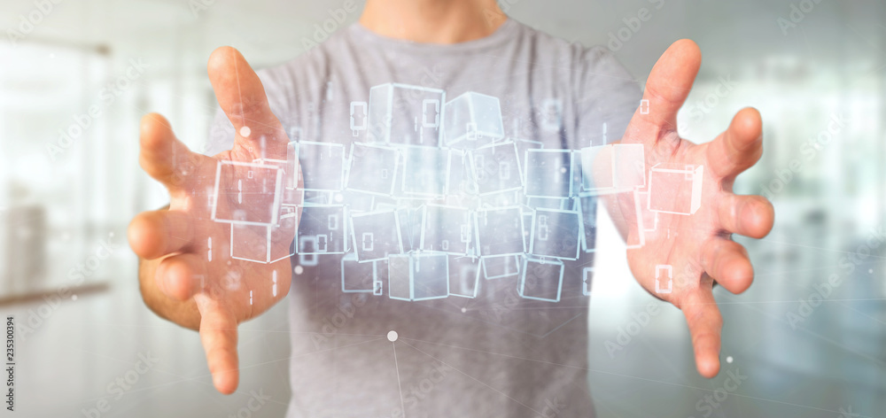 Businessman holding a Cloud of blockchain cube and binary data 3d rendering Businessman holding a Cloud of blockchain cube and binary data 3d rendering