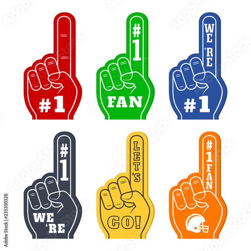 Foam fingers icons in six colors. We&#39;re #1. Lets&#39; Go. Number One Fan