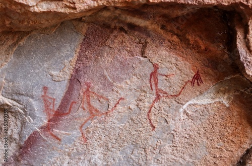 Ancient bushmen cave paintings found in the Cockscomb mountains in Eastern Cape, South Africa. Human history concept image. 