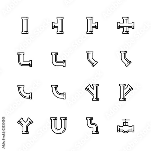 Pipes and pipeline fittings vector icon set in thin line style