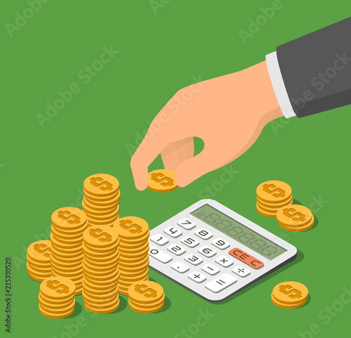 Isometric vector illustration of alculator and heap of coins. Taxes and savings concept