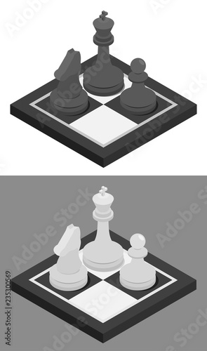 Chess isometric concept icon. Chessboard and chess knight, pawn and king on it. Vector illustration in black and white variations