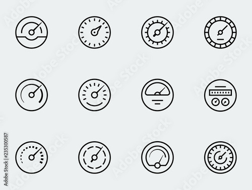 Meter icon set in thin line style. Symbols of speedometers, manometers, tachometers etc.