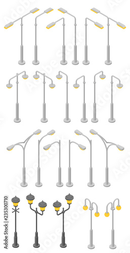 Park and street lamp posts and lanterns. Isometric illustration