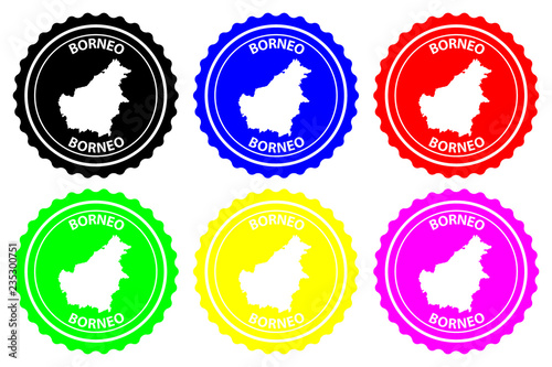 Borneo - rubber stamp - vector, Kalimantan map pattern - sticker - black, blue, green, yellow, purple and red