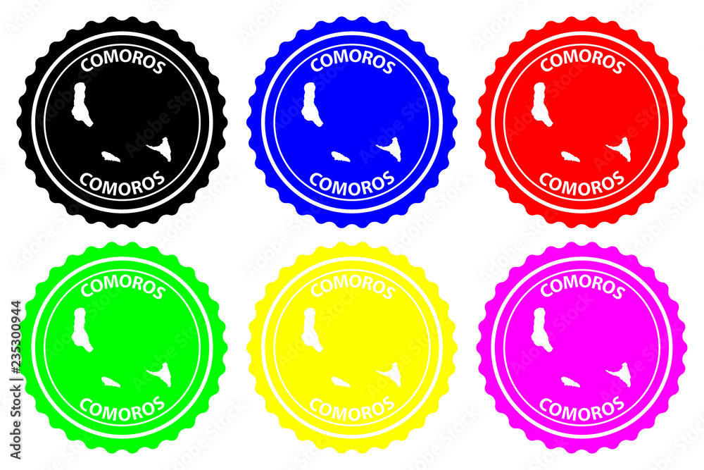 Comoros - rubber stamp - vector, Union of the Comoros map pattern - sticker - black, blue, green, yellow, purple and red Comoros - rubber stamp - vector, Union of the Comoros map pattern - sticker - black, blue, green, yellow, purple and red