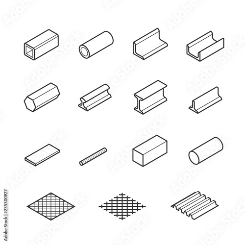 Metallurgy products vector icon set in thin line style