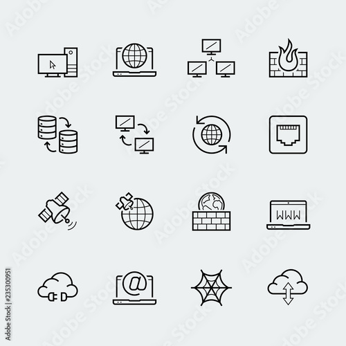 Internet, computer network vecor icon set in thin line style