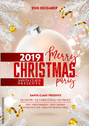 Merry christmas party poster or flyer with xmas decoration balls and ribbons.