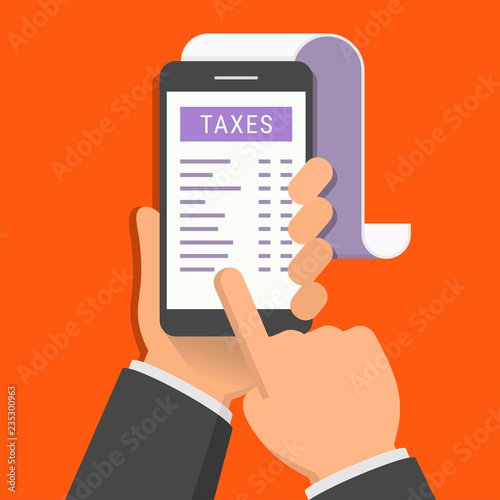 Concept of mobile application for taxes. One hand holds smartphone and finger touch screen. Flat design vector illustration