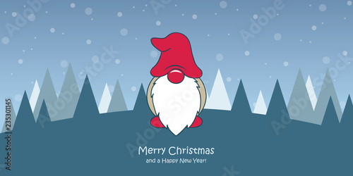 christmas greeting card with cute christmas dwarf and snowy landscape vector illustration EPS10