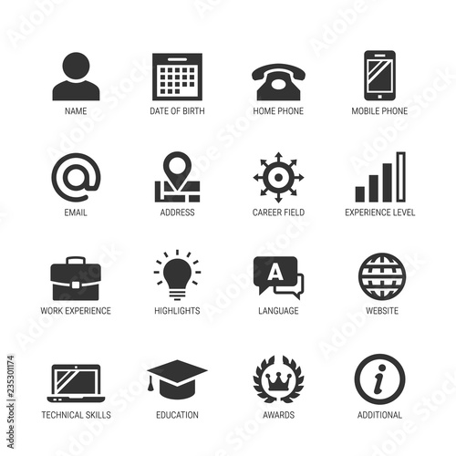 Resume or curriculum vitae related vector icon set