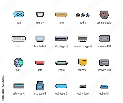 Computer ports vector icon set photo