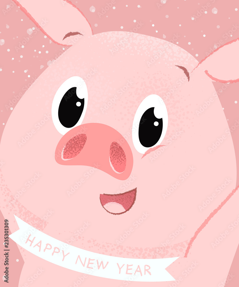 Happy New Year pink piglet postcard design. Lettering with piggy face on pink background. Can be used for postcards, invitations, greeting cards Happy New Year pink piglet postcard design. Lettering with piggy face on pink background. Can be used for postcards, invitations, greeting cards