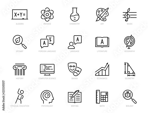 School subjects vector icon set in thin line style
