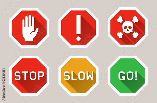 Vector warning, stop signs icons in flat style with shadow